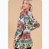 Fall Approved Rust/Hunter Green Aztec Print French Terry Kangaroo Pocket Hoodie-Hooded Sweater Top