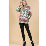 Fall Approved Rust/Hunter Green Aztec Print French Terry Kangaroo Pocket Hoodie-Hooded Sweater Top