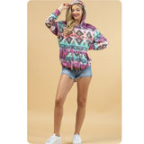 Fall Approved Jade/Magenta Aztec Print French Terry Kangaroo Pocket Hoodie-Hooded Sweater Top