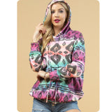 Fall Approved Jade/Magenta Aztec Print French Terry Kangaroo Pocket Hoodie-Hooded Sweater Top