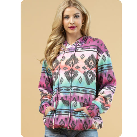 Fall Approved Jade/Magenta Aztec Print French Terry Kangaroo Pocket Hoodie-Hooded Sweater Top