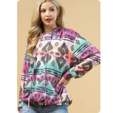 Fall Approved Jade/Magenta Aztec Print French Terry Kangaroo Pocket Hoodie-Hooded Sweater Top