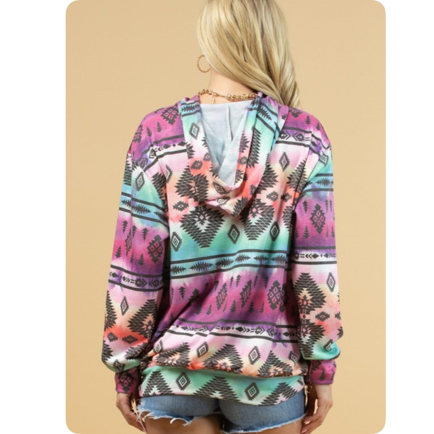 Fall Approved Jade/Magenta Aztec Print French Terry Kangaroo Pocket Hoodie-Hooded Sweater Top