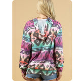 Fall Approved Jade/Magenta Aztec Print French Terry Kangaroo Pocket Hoodie-Hooded Sweater Top