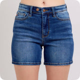 JUDY BLUE 2 Button Mid Length Dark Denim Dad Shorts