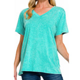 ZENANA Washed Classic V Neck Short Sleeve Tunic Top