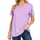ZENANA Washed Classic V Neck Short Sleeve Tunic Top