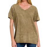 ZENANA Washed Classic V Neck Short Sleeve Tunic Top