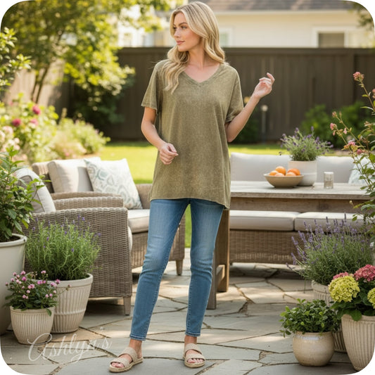 ZENANA Washed Classic V Neck Short Sleeve Tunic Top