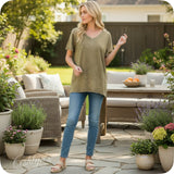 ZENANA Washed Classic V Neck Short Sleeve Tunic Top
