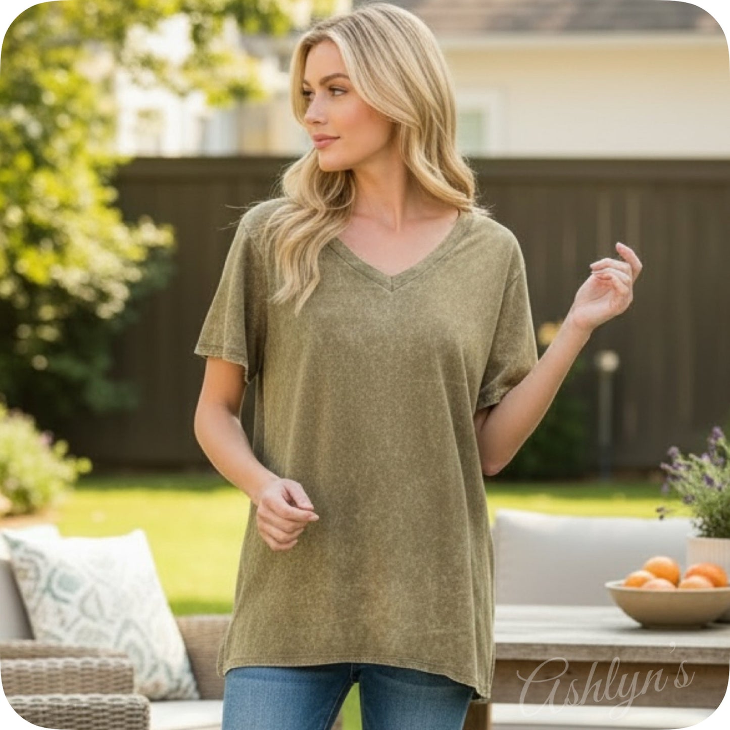 ZENANA Washed Classic V Neck Short Sleeve Tunic Top