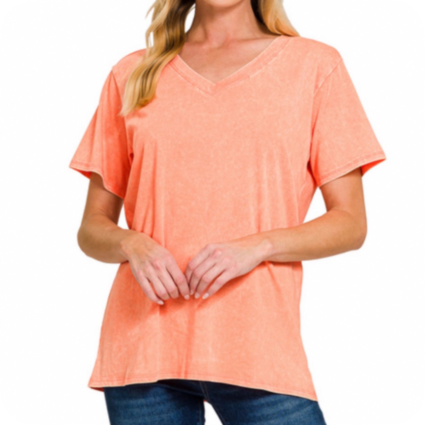 ZENANA Washed Classic V Neck Short Sleeve Tunic Top