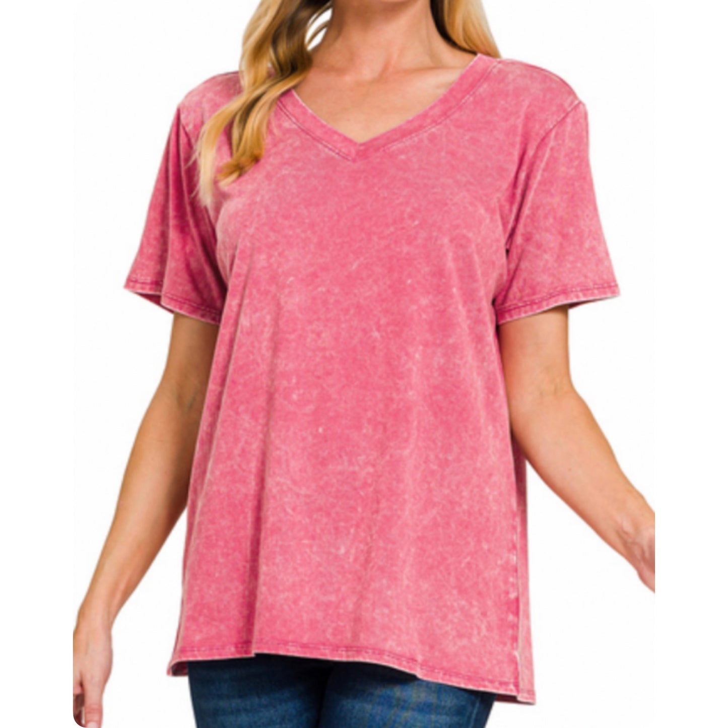 ZENANA Washed Classic V Neck Short Sleeve Tunic Top