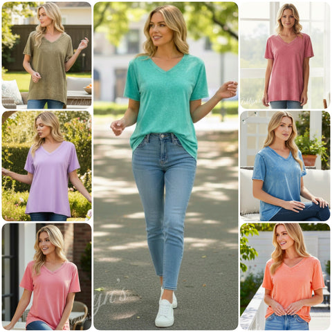 ZENANA Washed Classic V Neck Short Sleeve Tunic Top
