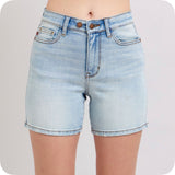 JUDY BLUE 2 Button Mid Length Light Denim Dad Shorts