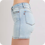 JUDY BLUE 2 Button Mid Length Light Denim Dad Shorts
