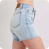 JUDY BLUE 2 Button Mid Length Light Denim Dad Shorts