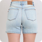 JUDY BLUE 2 Button Mid Length Light Denim Dad Shorts