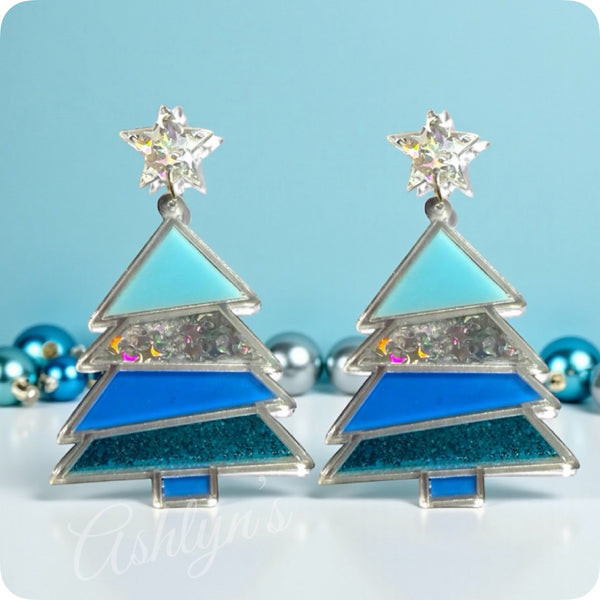 Color Me Festive-Large Blue Christmas Tree Earrings