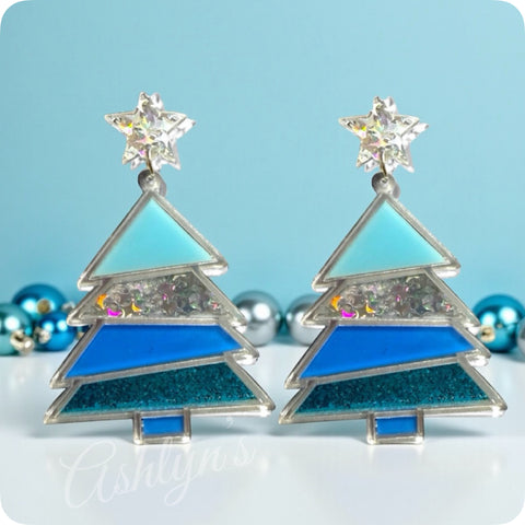 Color Me Festive-Large Blue Christmas Tree Earrings
