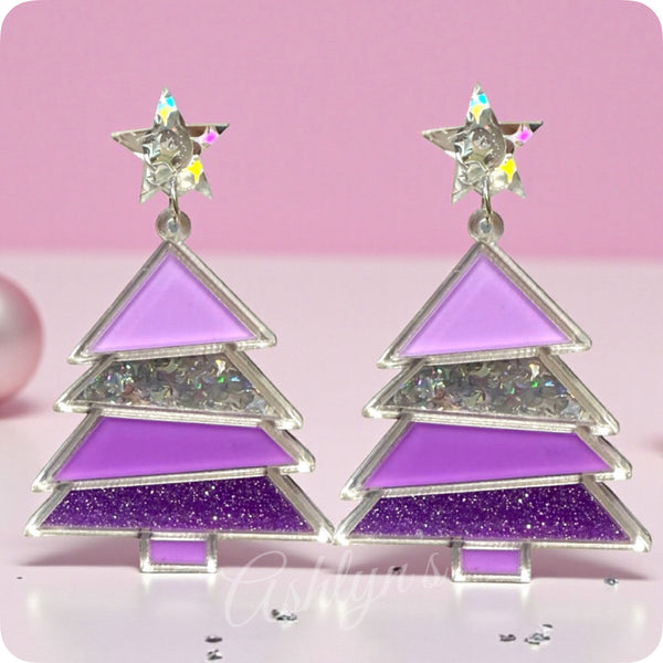 Color Me Festive-Large Purple Christmas Tree Earrings