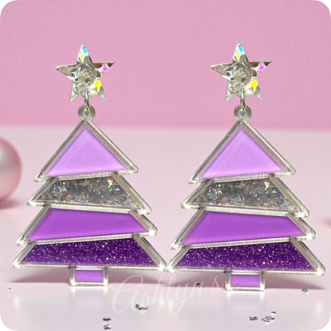 Color Me Festive-Large Purple Christmas Tree Earrings