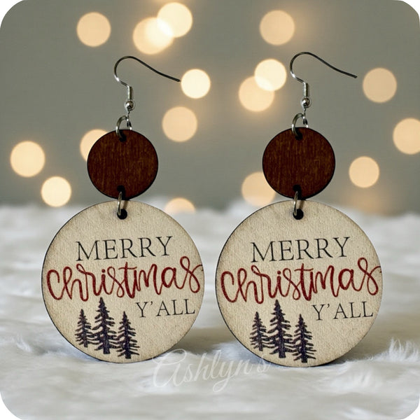 Merry Christmas Y’all Wood Dangle Earrings