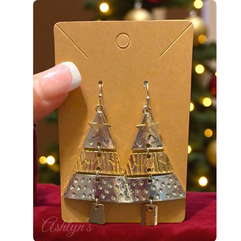 Silver Gold Christmas Tree Tiered Dangle Earrings