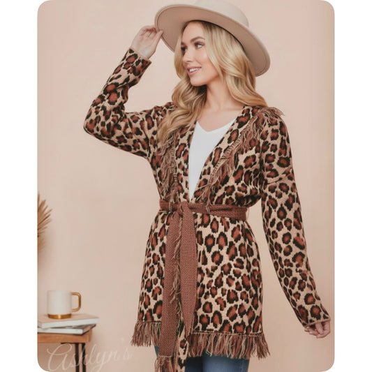 Sassy to Classy Fringe Trim Belted Leopard Cardigan