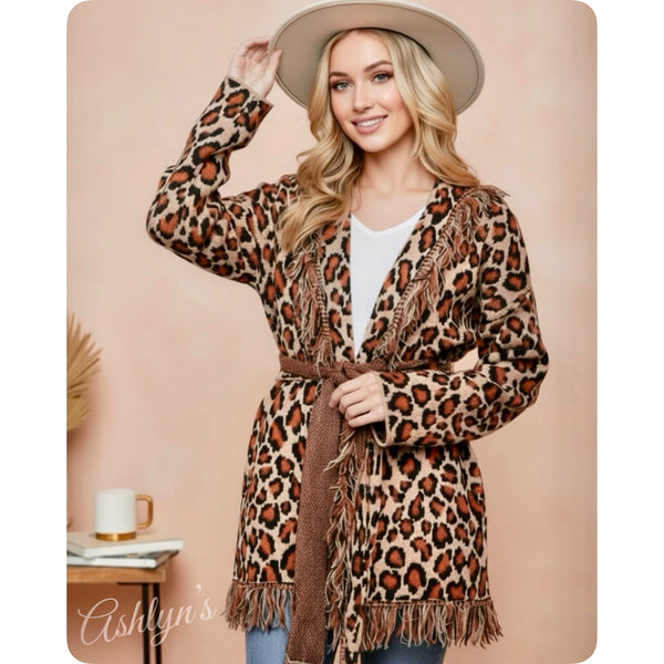Sassy to Classy Fringe Trim Belted Leopard Cardigan
