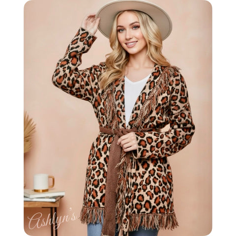 Sassy to Classy Fringe Trim Belted Leopard Cardigan