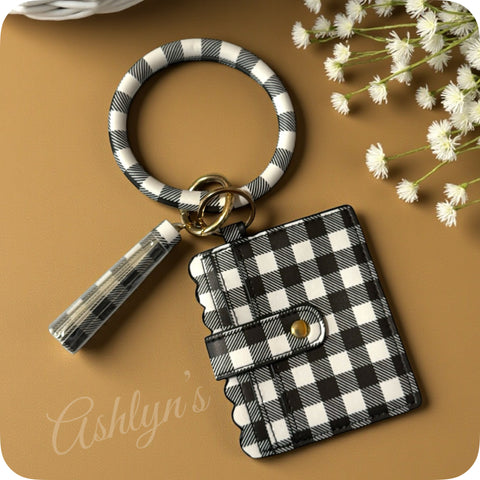 Black Buffalo Plaid Leather Bangle ID Wallet with Tassel Charm