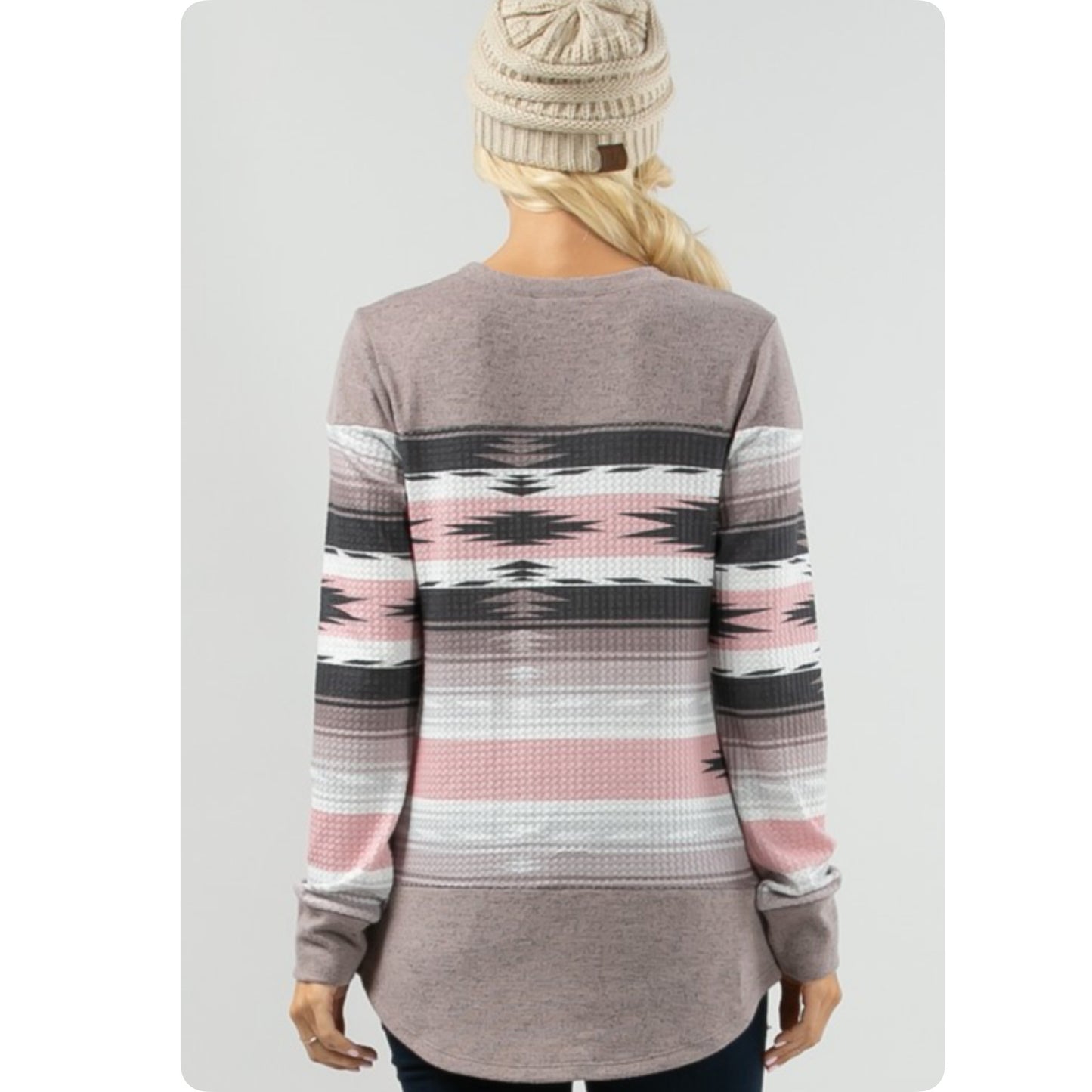 Tribal Print Taupe Pink Color Block Plus Size Sweater Top