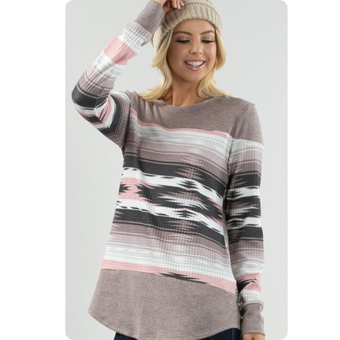 Tribal Print Taupe Pink Color Block Plus Size Sweater Top