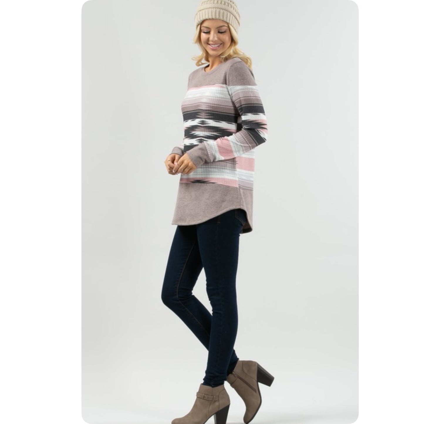 Tribal Print Taupe Pink Color Block Plus Size Sweater Top