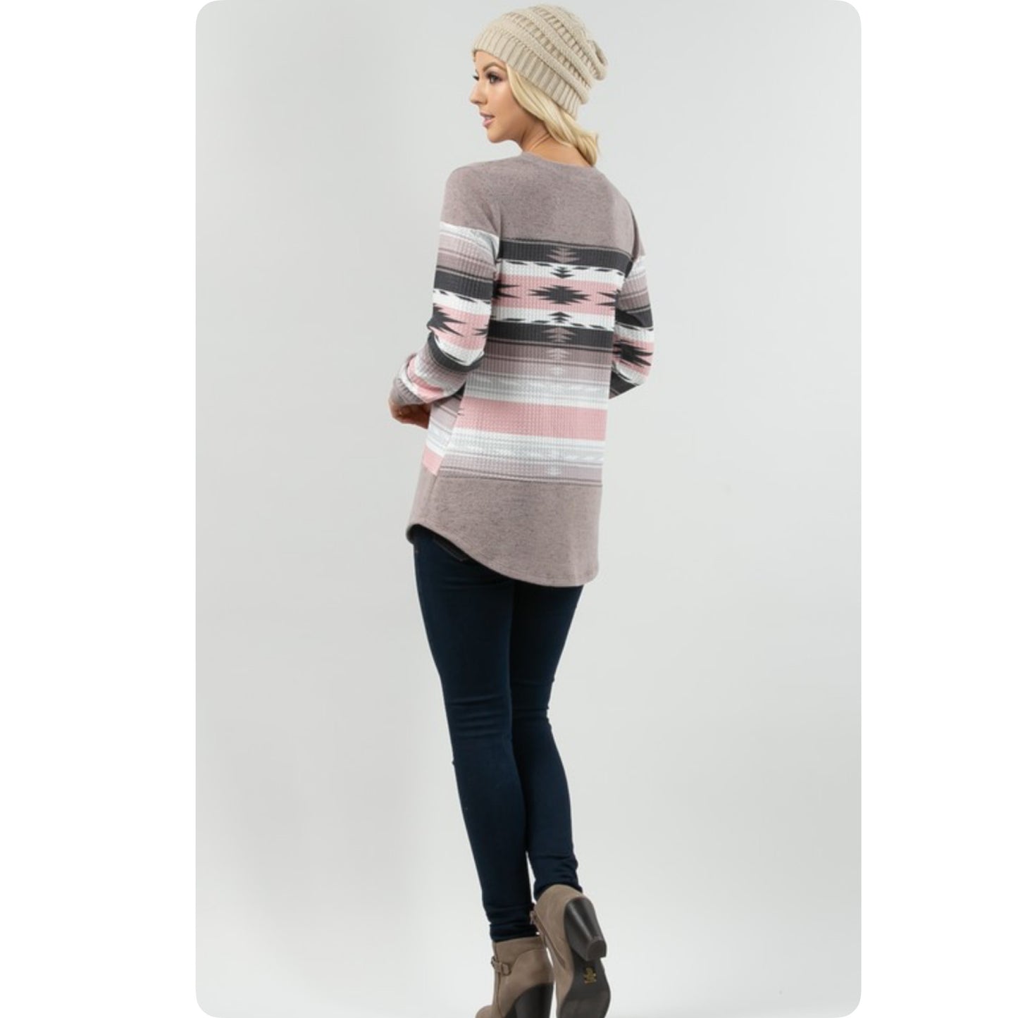 Tribal Print Taupe Pink Color Block Plus Size Sweater Top