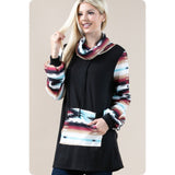Cozy Aztec Cowl Neck Kangaroo Pocket Black Sweater Top