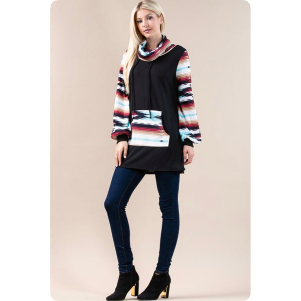 Cozy Aztec Cowl Neck Kangaroo Pocket Black Sweater Top