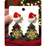 Holiday Fun-Christmas Tree with Santa Hat Topper Dangle Earrings