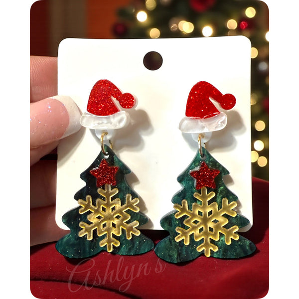 Holiday Fun-Christmas Tree with Santa Hat Topper Dangle Earrings