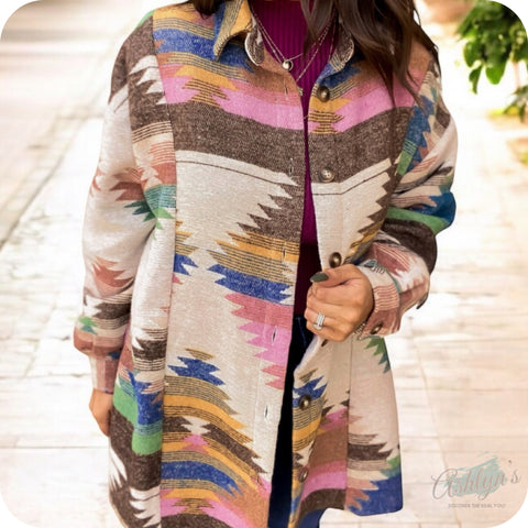 Hello Beautiful! Jennifer Pink Brown Highlights Tribal Aztec Shacket-Jacket