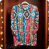 Aztec Animal Print Mix Pink Blue Hooded Sweater Top