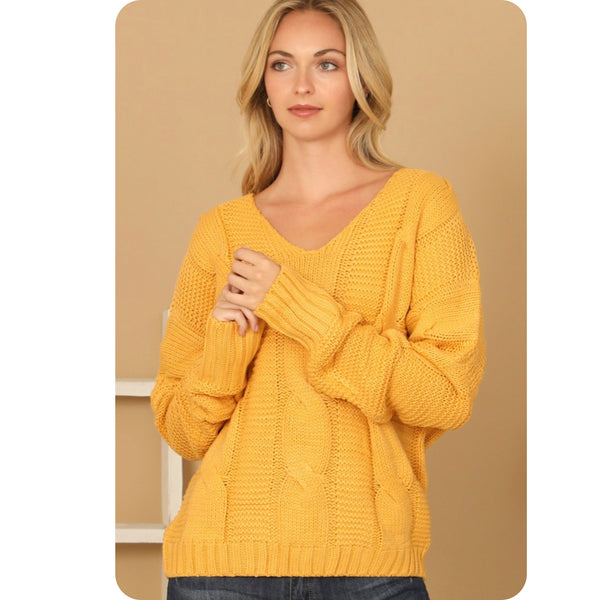 Ashlyn’s V Neck Mustard Cable Knit Sweater