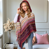 Casually Classy Multi Burgundy Pink Color Mix Hooded Knit Poncho-Sweater