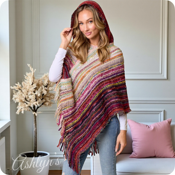 Casually Classy Multi Burgundy Pink Color Mix Hooded Knit Poncho-Sweater