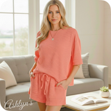 Zenana Casual Days Raised Rib Coral Short Sleeve Top and Shorts Set-Loungewear