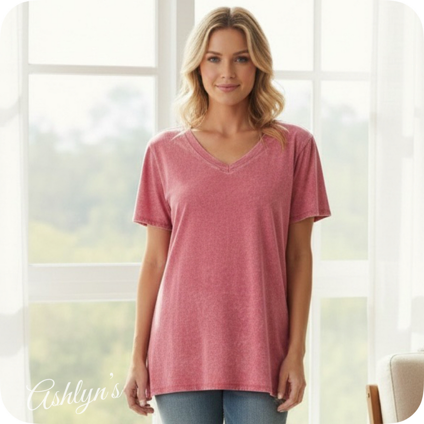ZENANA Washed Classic V Neck Short Sleeve Tunic Top