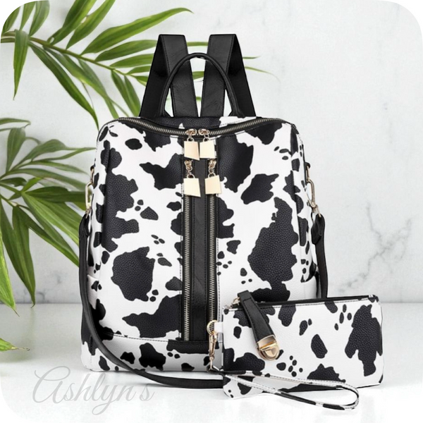 Cow Print Versatile Backpack with Pouch-Satchel-Purse-Shoulder Bag