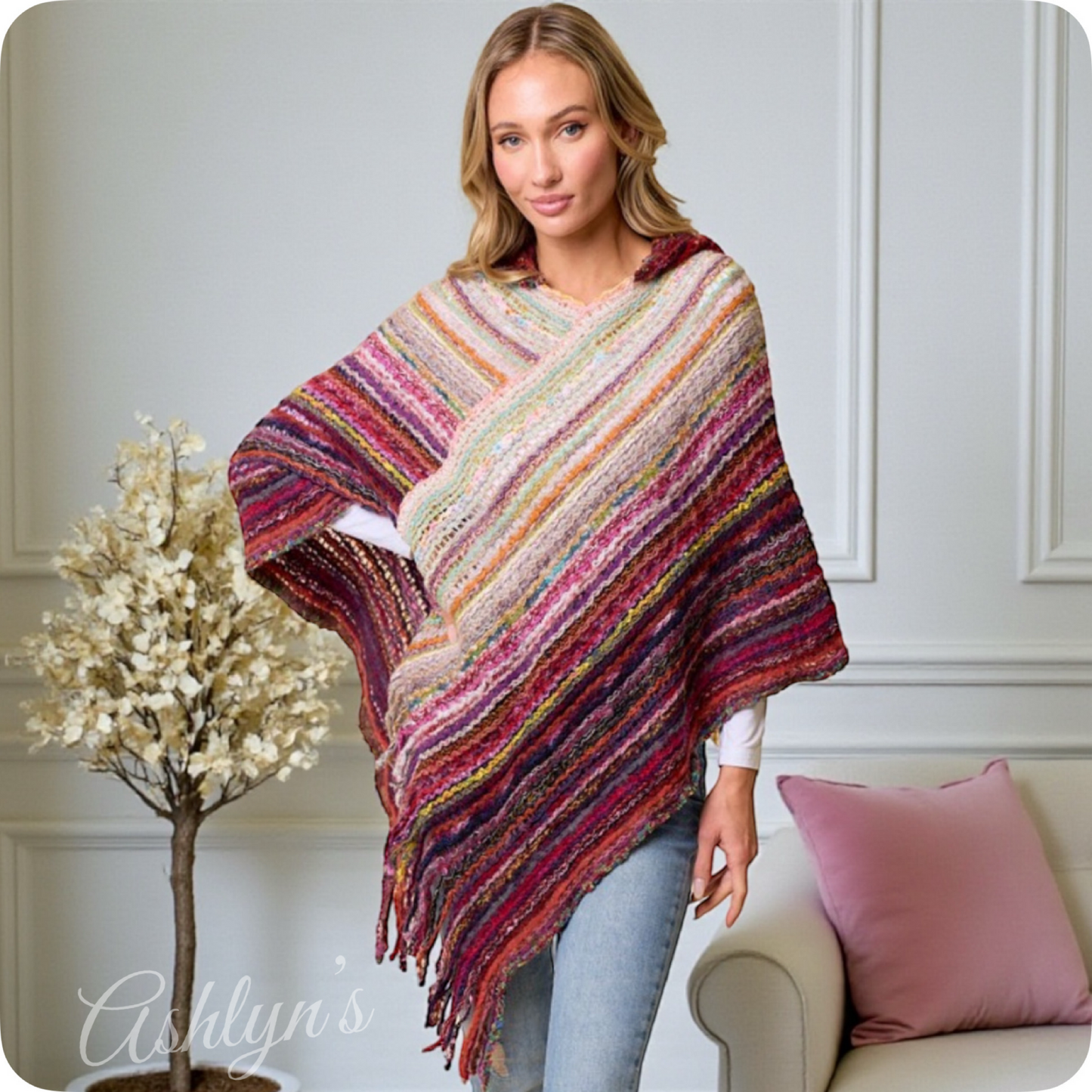 Casually Classy Multi Burgundy Pink Color Mix Hooded Knit Poncho-Sweater
