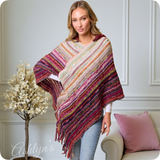 Casually Classy Multi Burgundy Pink Color Mix Hooded Knit Poncho-Sweater